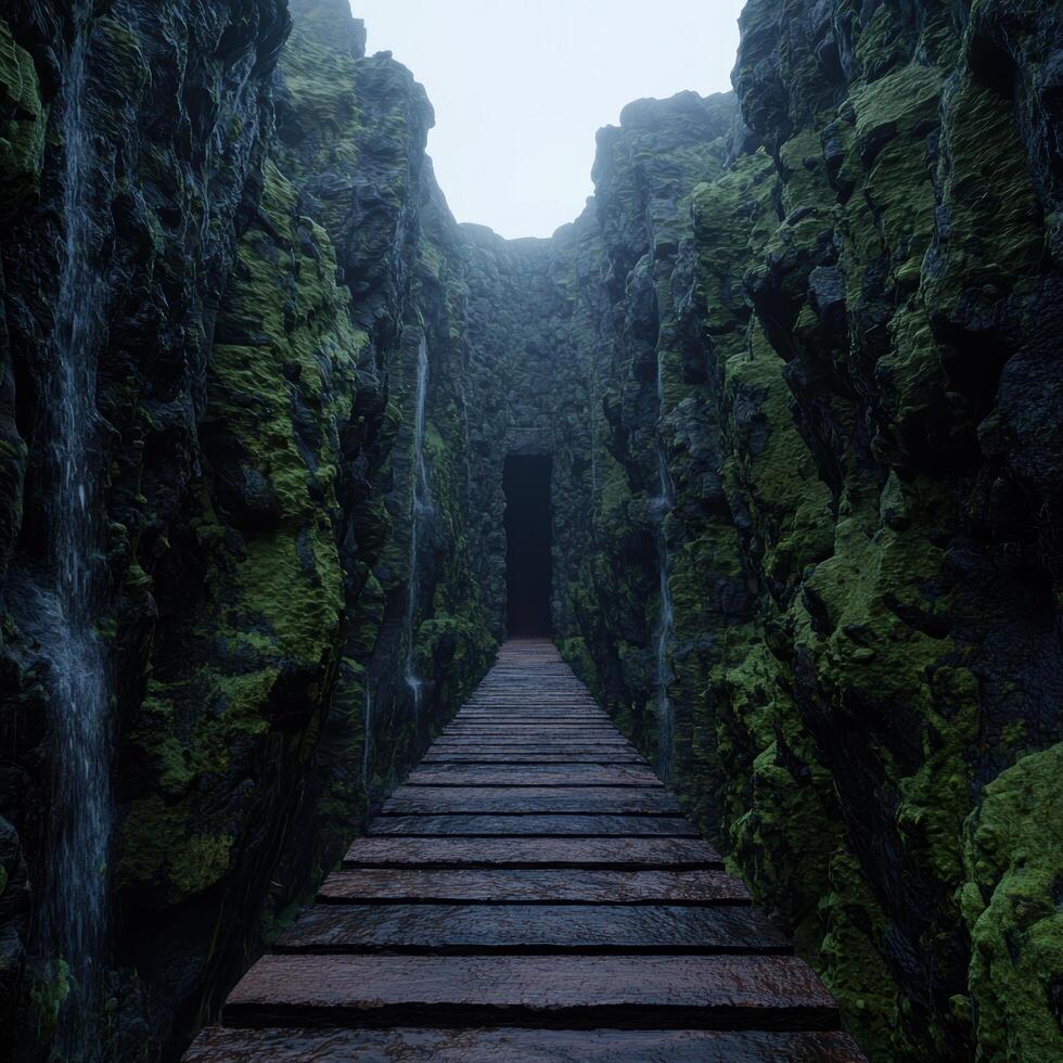Mysterious mossy canyon with wooden walkway photo