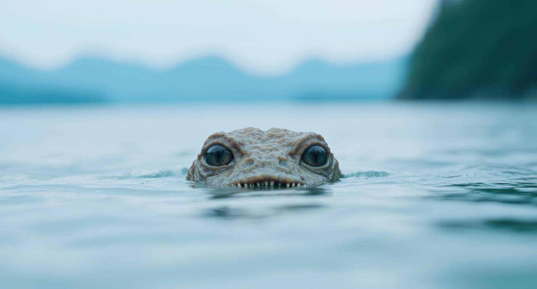 close up of a frogs face emerging from the water photo