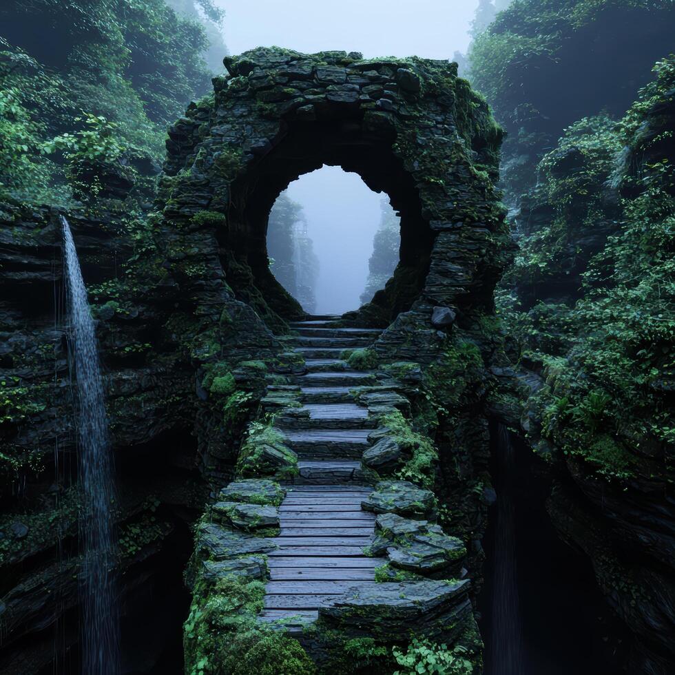Enchanting stone arch in lush green forest photo