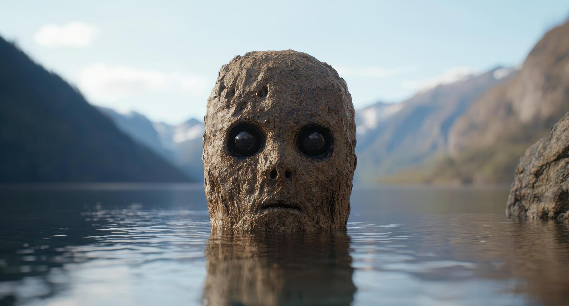 mysterious stone face emerging from tranquil lake photo