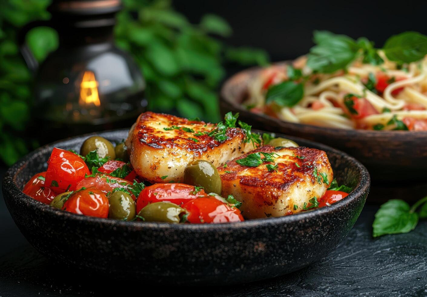 Seared scallops with tomato and olive salad photo