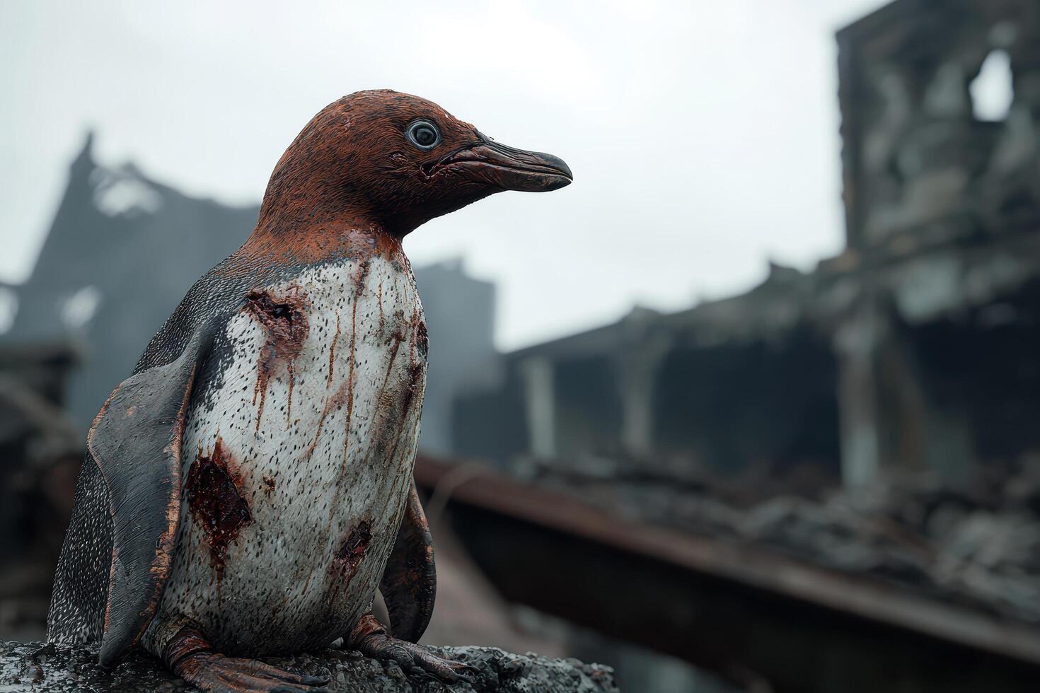 Close up of a wet and dirty penguin standing on rocks photo
