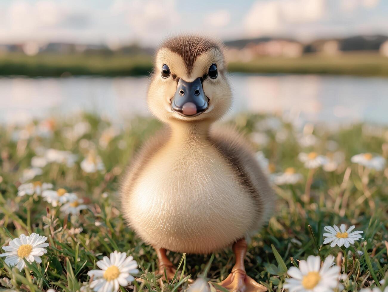 cute baby duck in a field of daisies photo