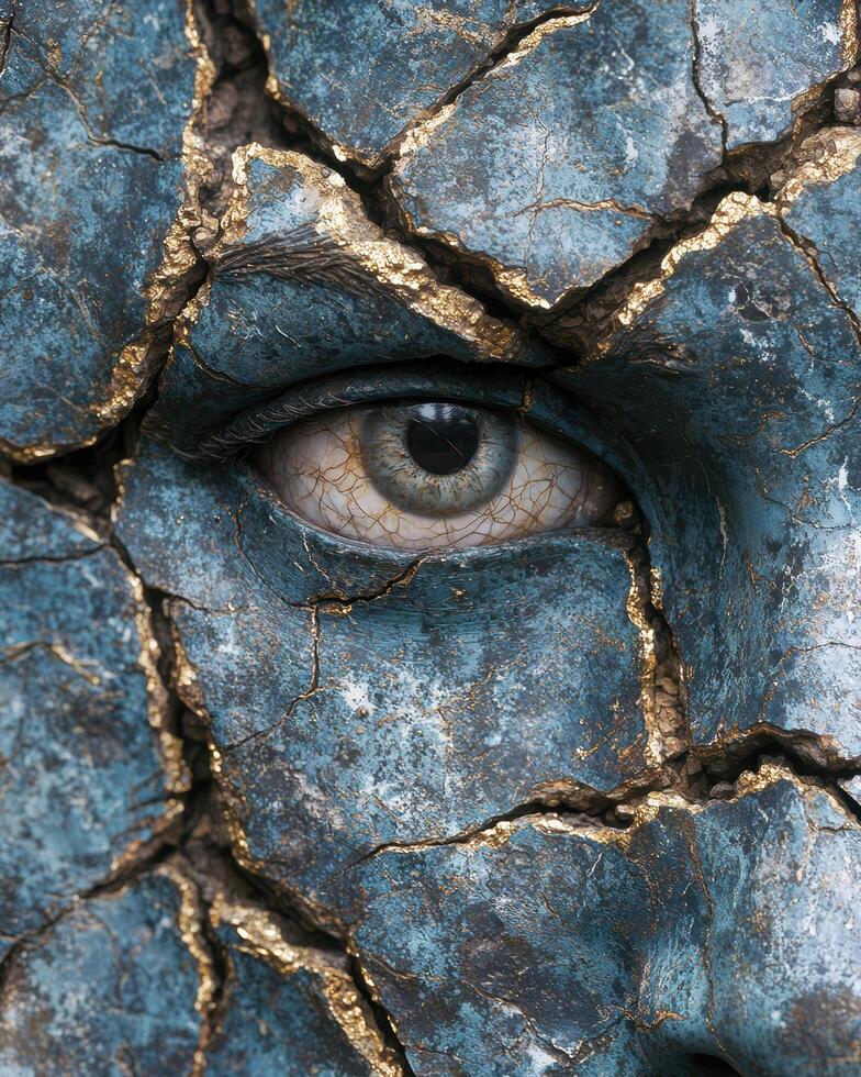 Mysterious eye emerging from cracked stone surface photo