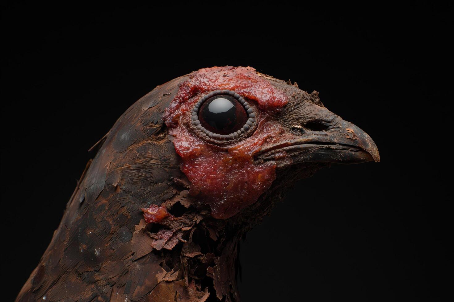 Close up of a damaged bird head with a large eye photo