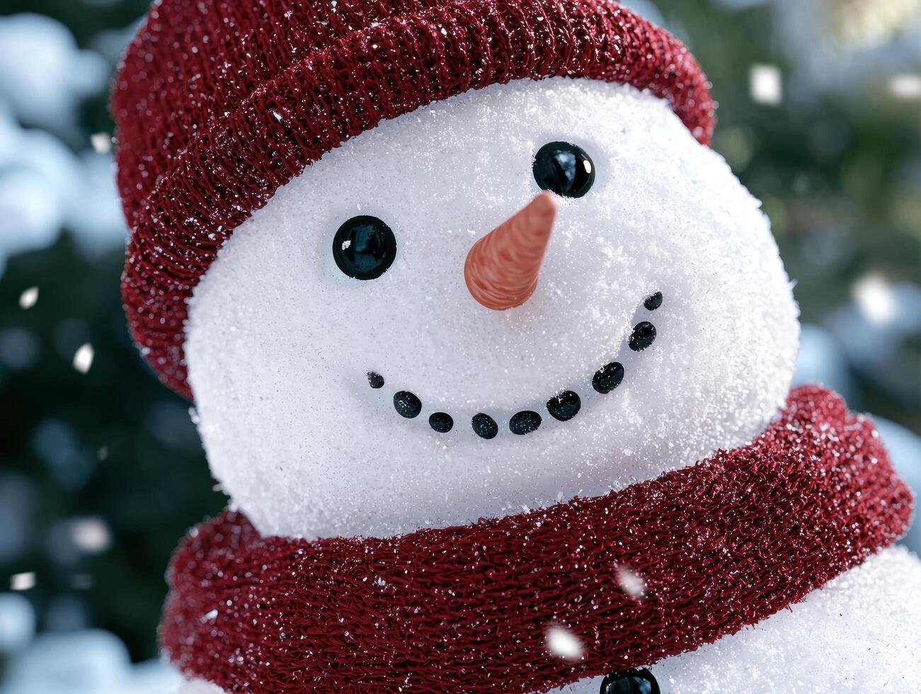 Cheerful snowman with red scarf and hat photo