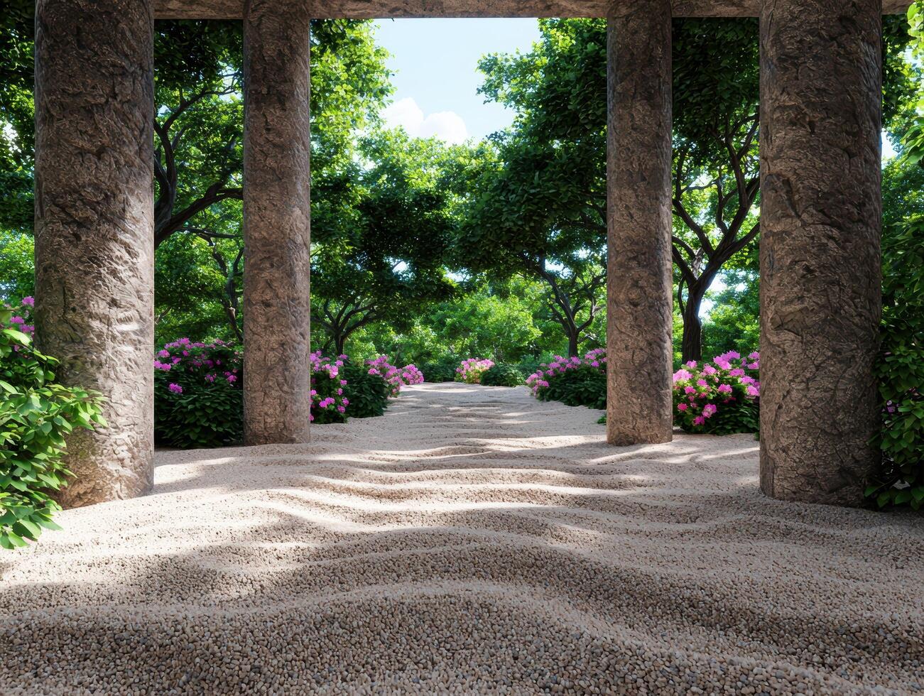 Serene garden path with stone columns and blooming flowers photo