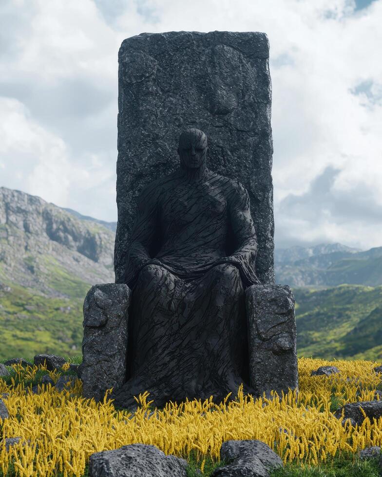 Mysterious stone figure in a mountainous landscape photo