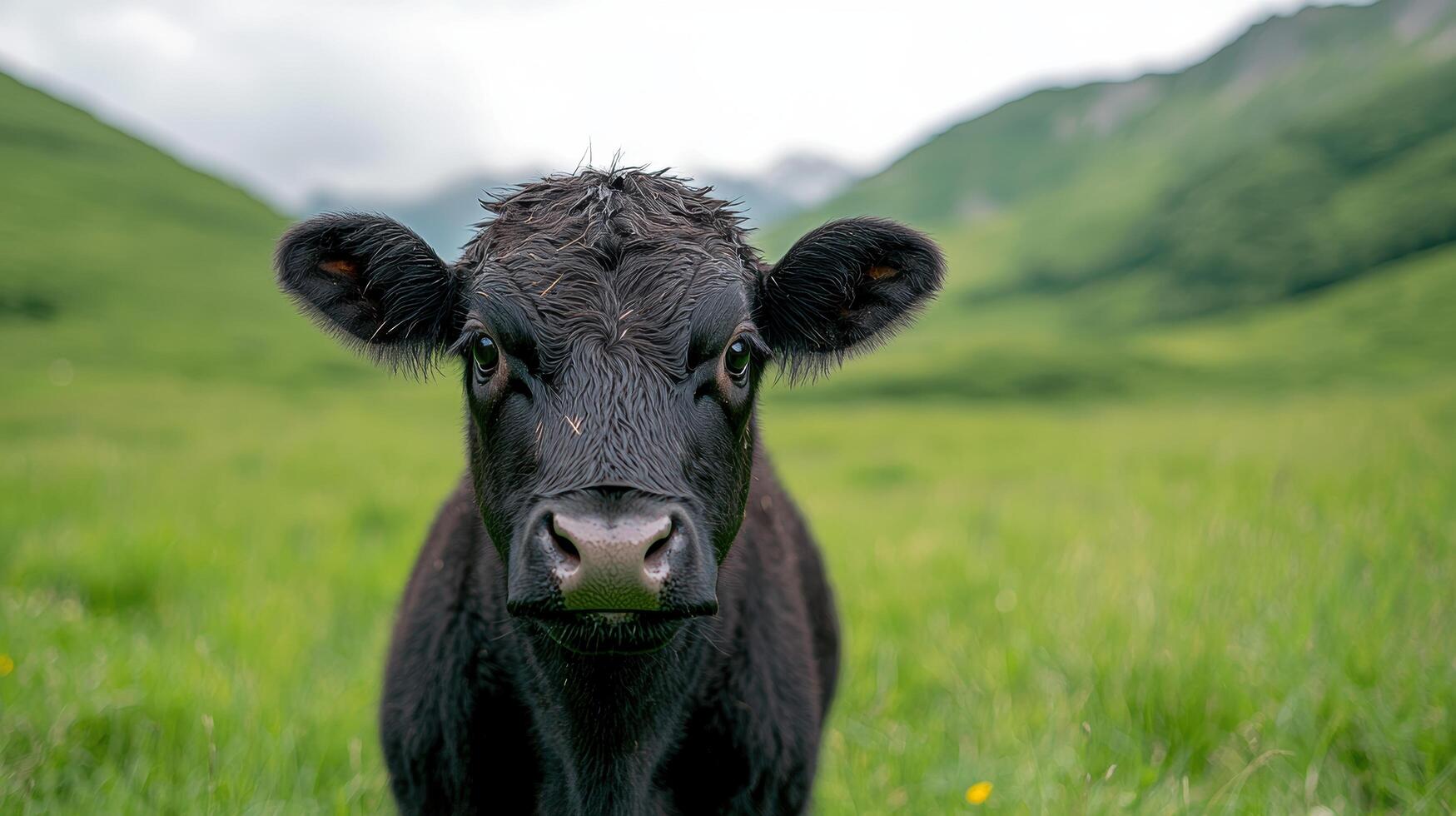 close up of a curious black cow in a green field photo