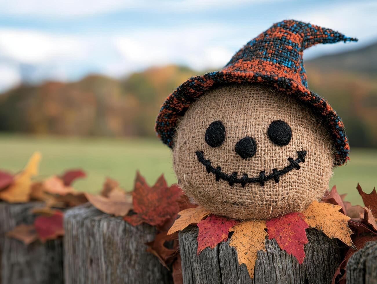 Autumn scarecrow in field with leaves photo