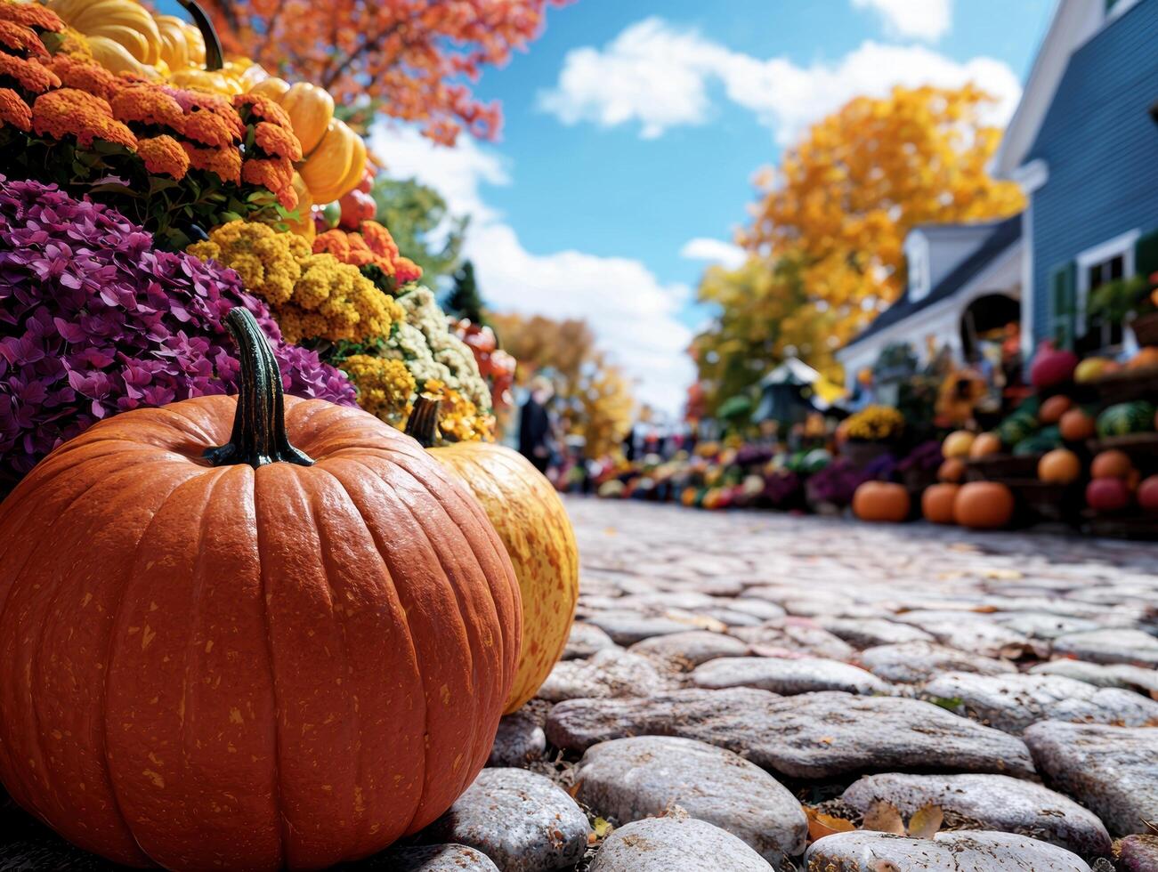 Autumn harvest festival display with pumpkins and flowers photo