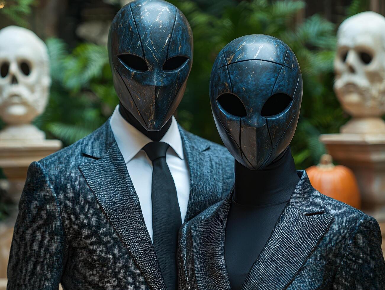 Mysterious alien figures in suits posing in a spooky forest photo