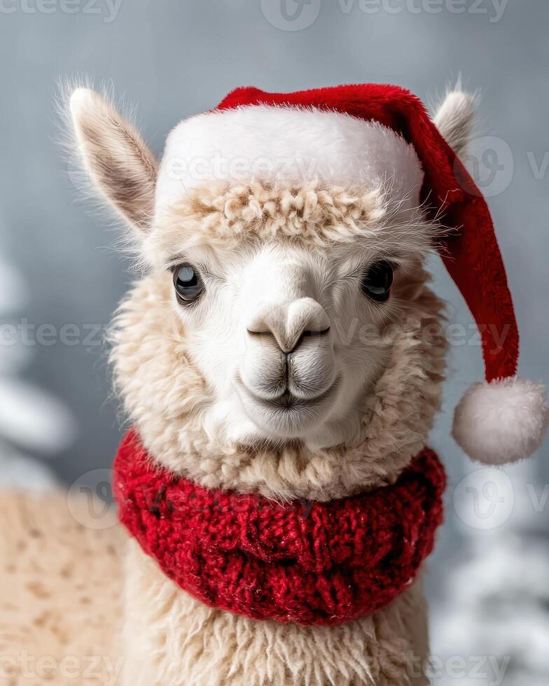 Adorable llama wearing a festive red hat photo