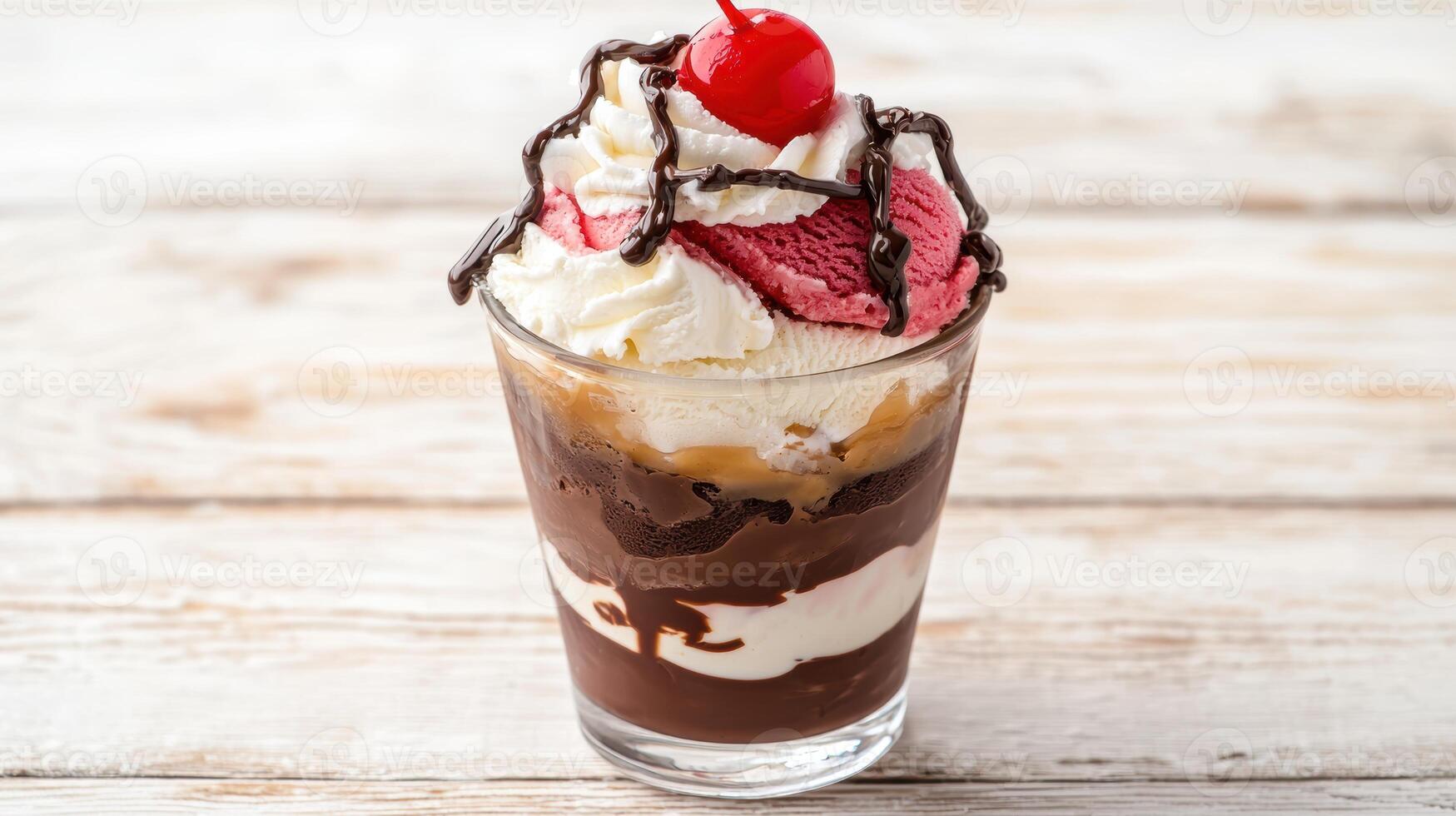 delicious ice cream sundae with chocolate syrup and cherry on top photo