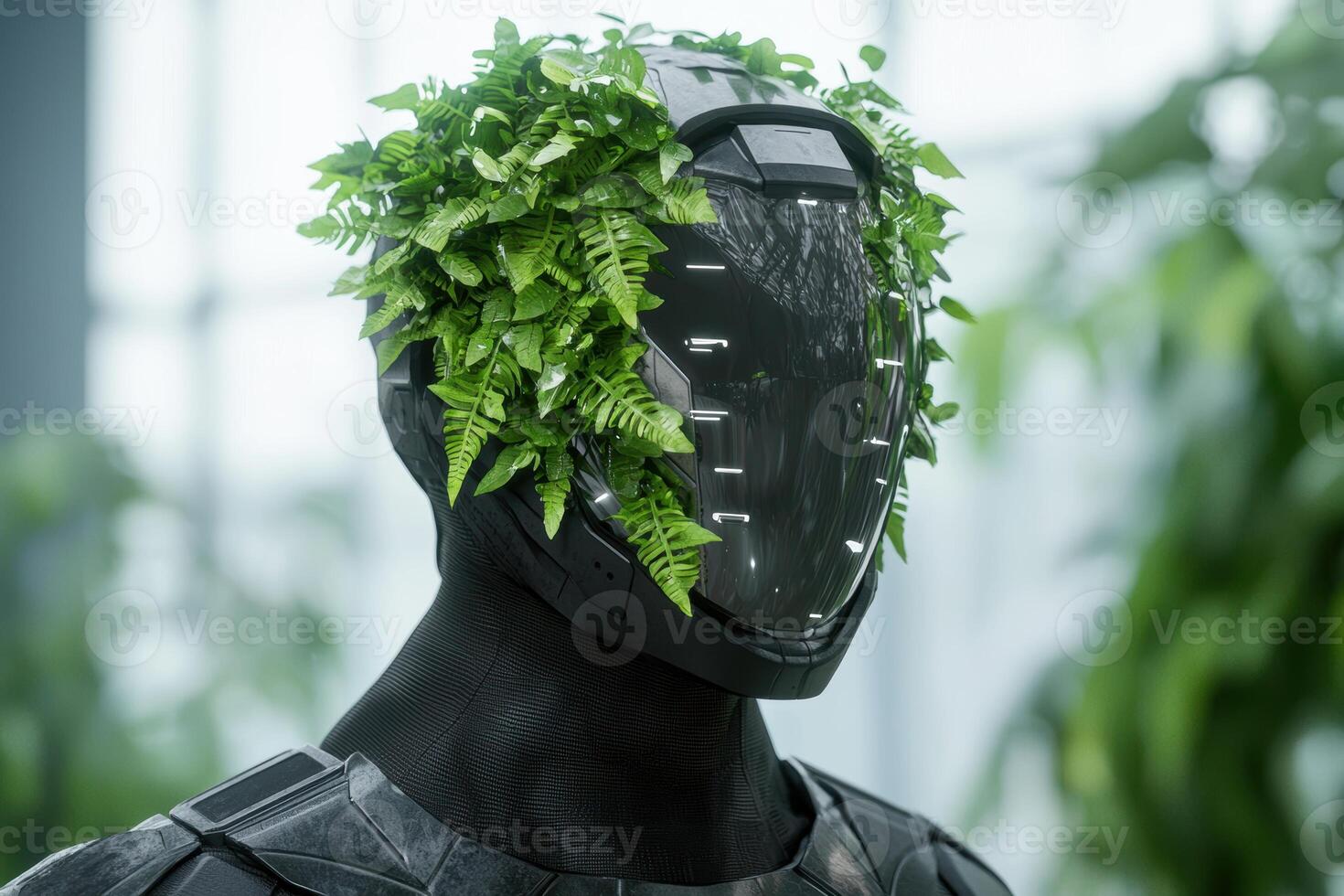futuristic robot with lush greenery photo