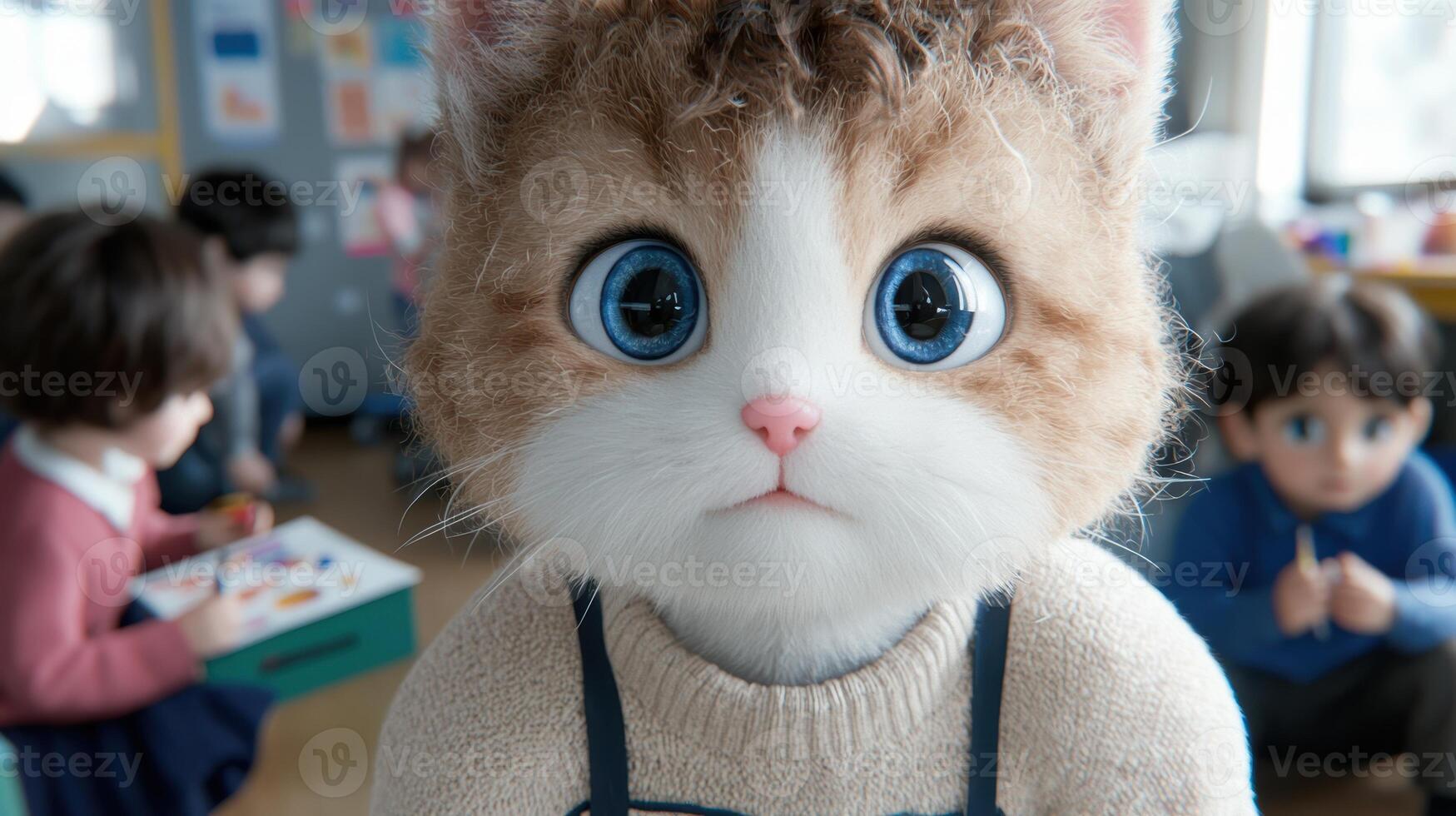 Cute cat with big blue eyes wearing suspenders photo