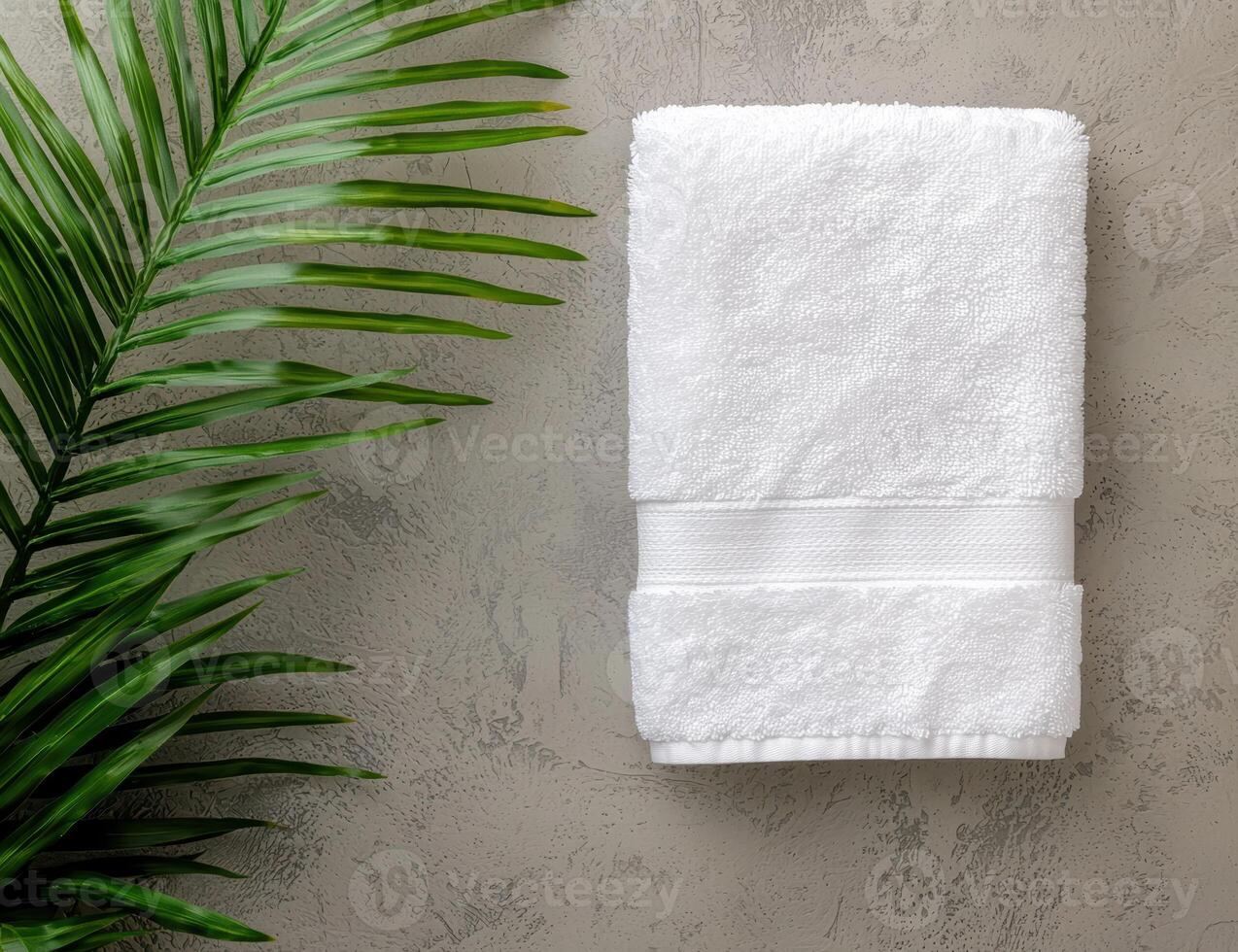 fresh green leaves and white towel on concrete background photo