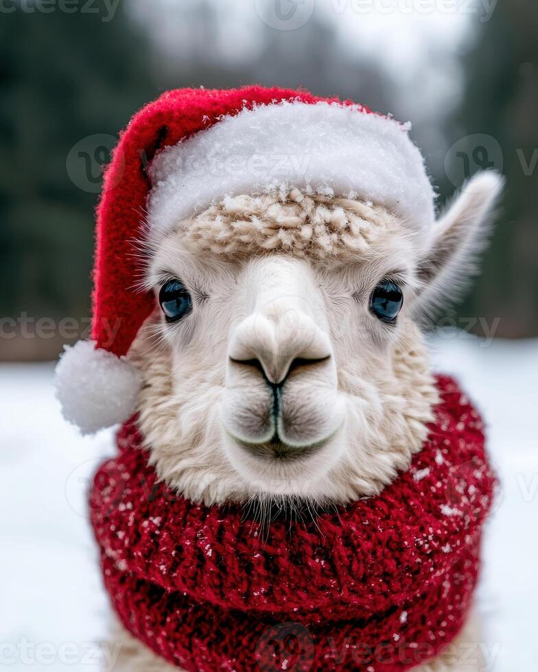Cute alpaca wearing a festive red hat in the snow photo