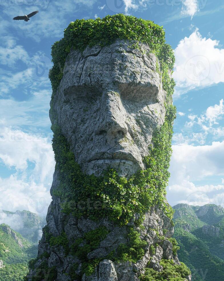 Majestic stone face covered in lush greenery photo
