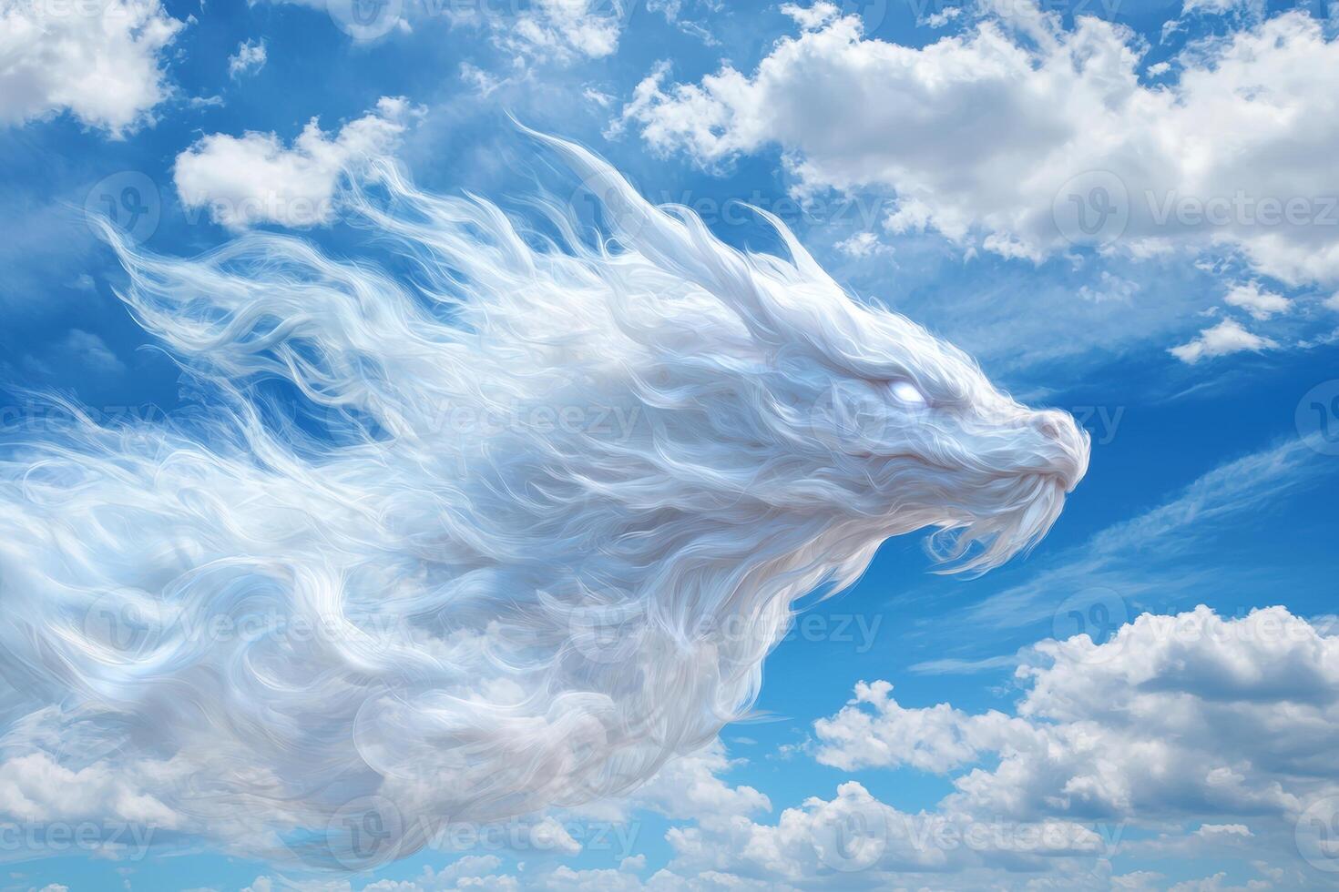 Majestic white lion made of clouds in the sky photo