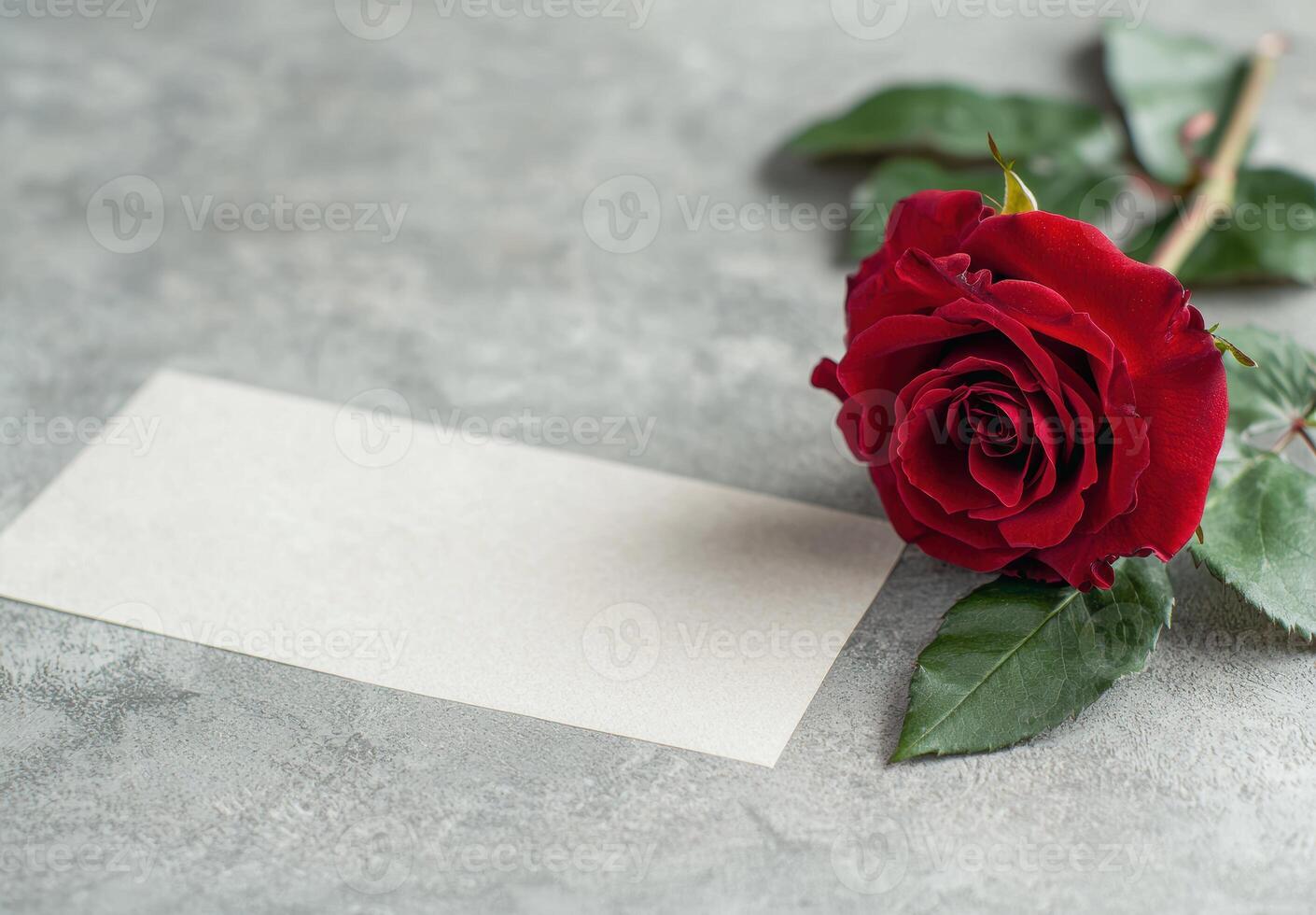 red rose and blank note card on gray concrete background photo
