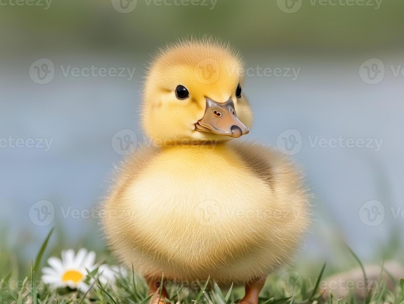 cute fluffy yellow duckling in grass photo