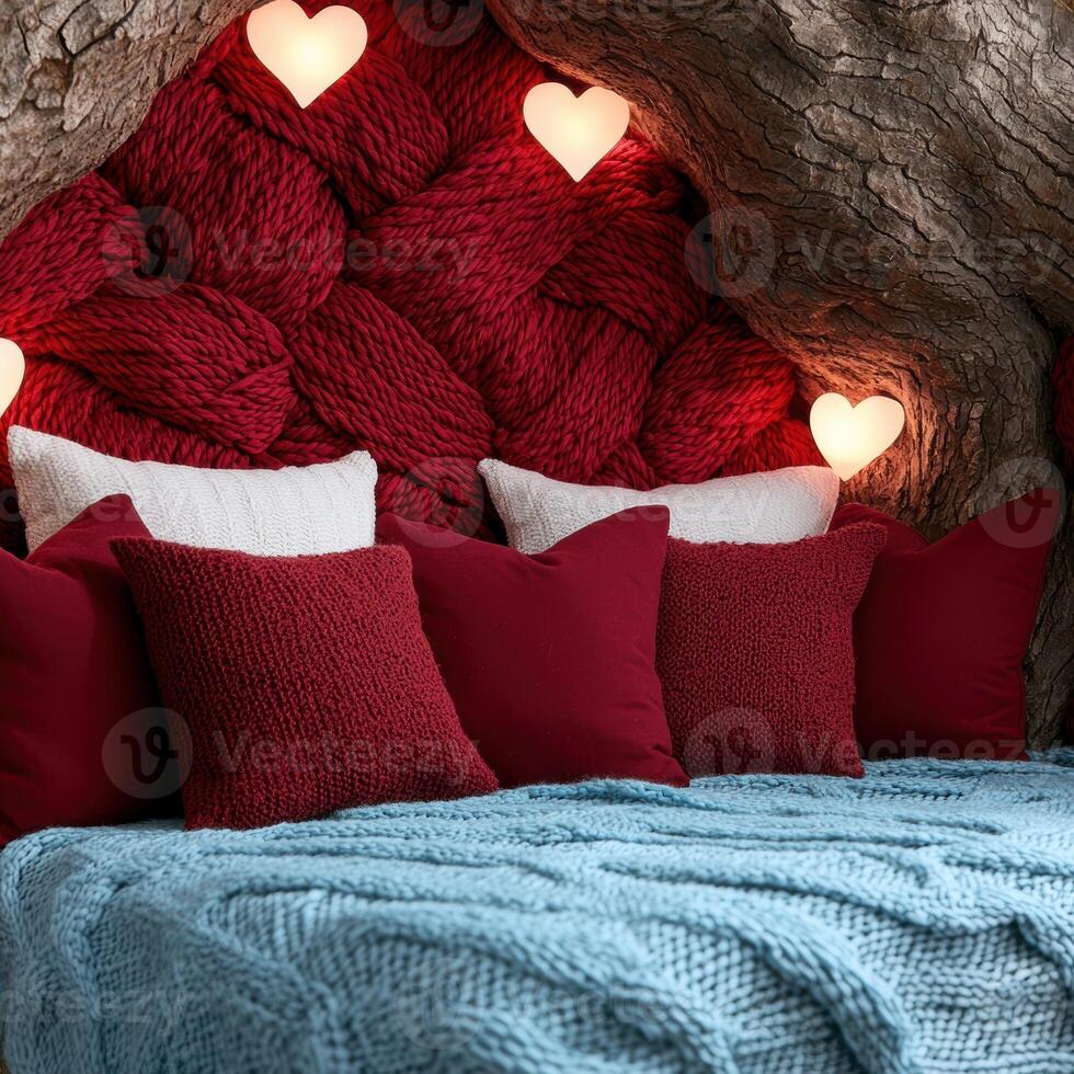 cozy winter bedroom with red knitted blankets and heart shaped lights photo