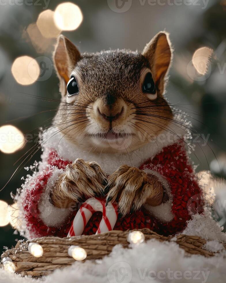 Cute squirrel in winter wonderland with candy cane photo