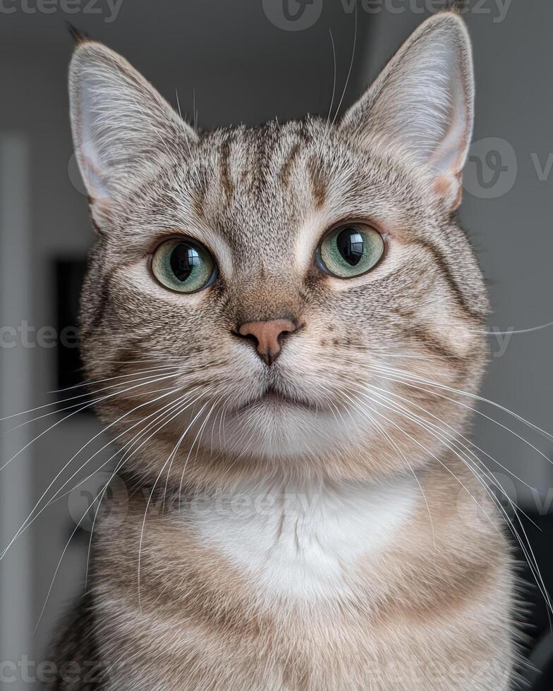 Close up portrait of a beautiful tabby cat with striking green eyes photo