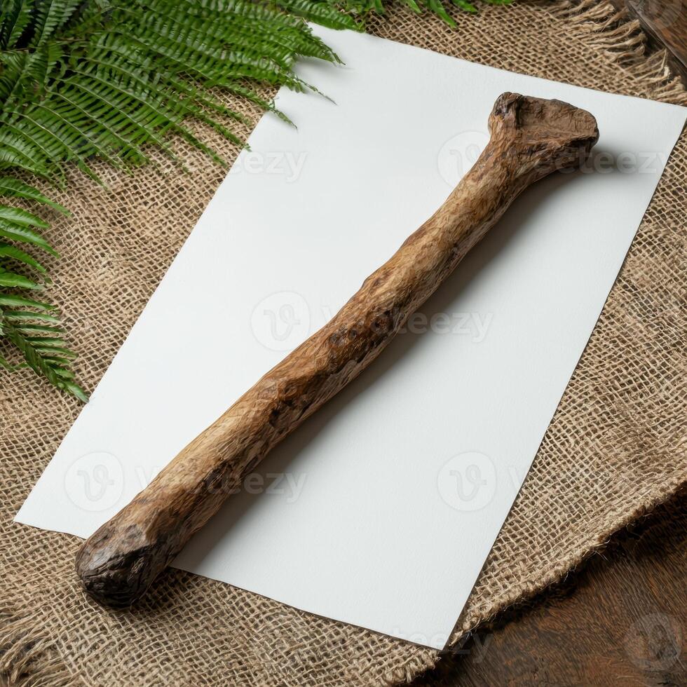 Rustic wooden stick on blank white paper with fern leaves photo