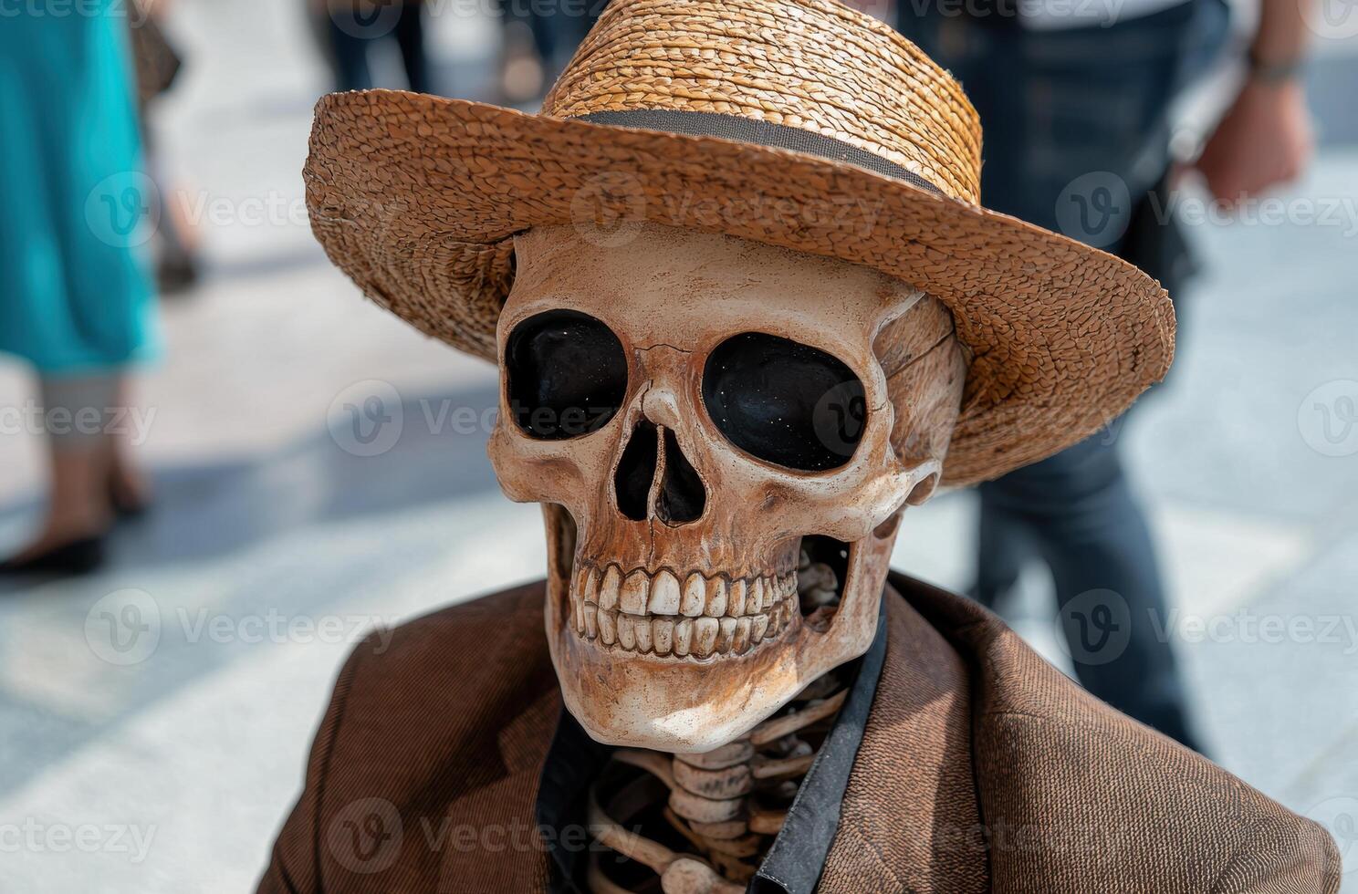 Skeleton wearing a straw hat and sunglasses photo