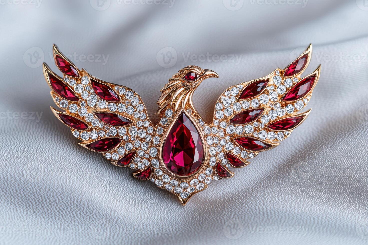 Ornate phoenix brooch with ruby and diamond accents photo