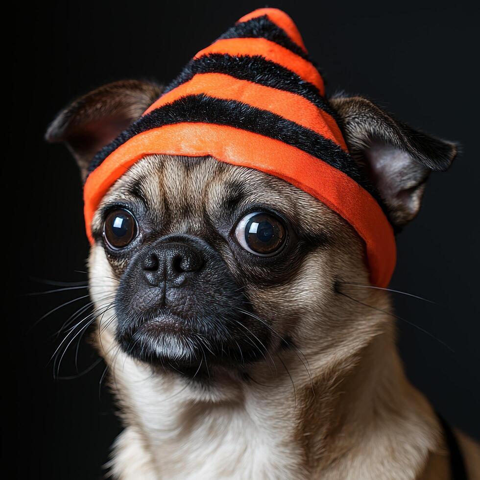 Adorable pug dog wearing orange and black striped hat photo