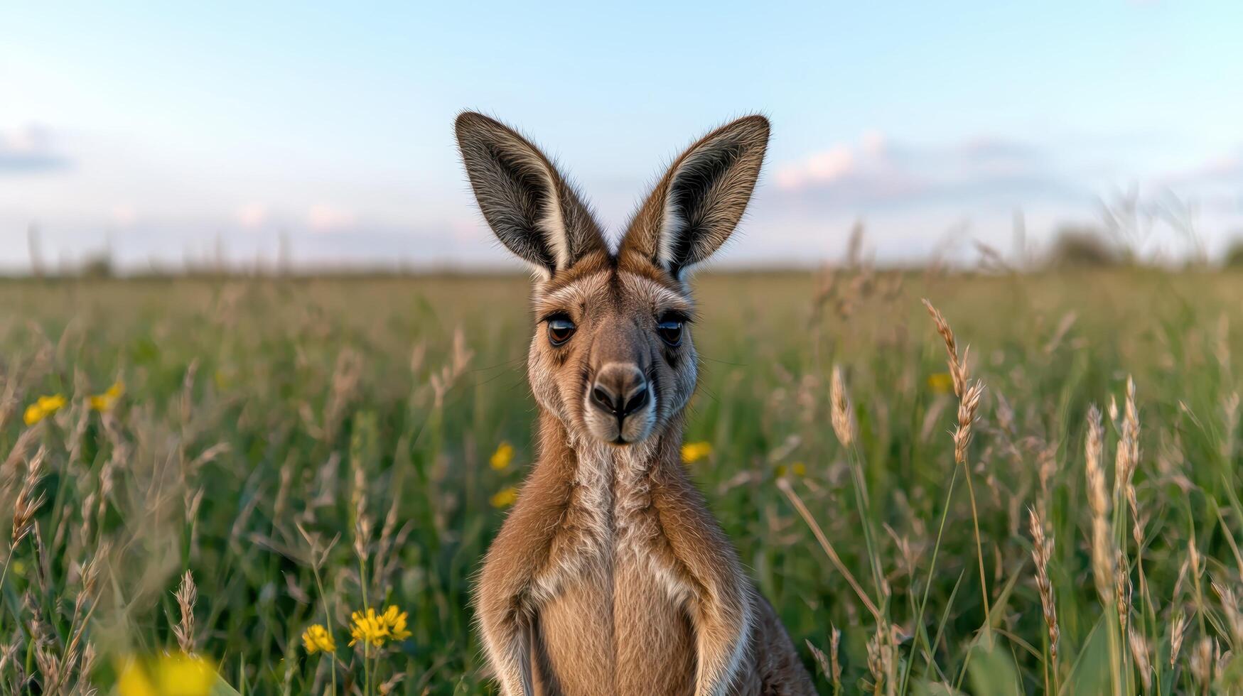 curious kangaroo in a field of wildflowers photo