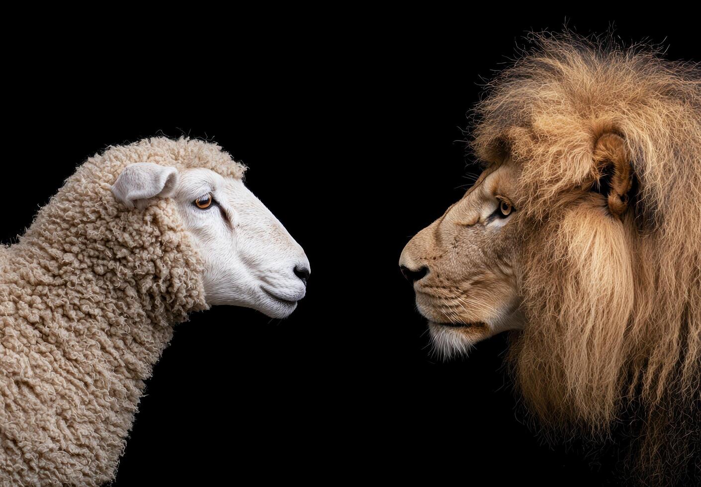 Majestic lion facing off with a sheep photo