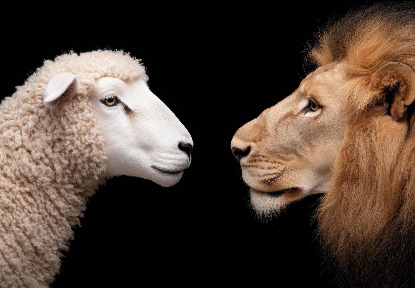 Contrasting faces of a sheep and a lion photo