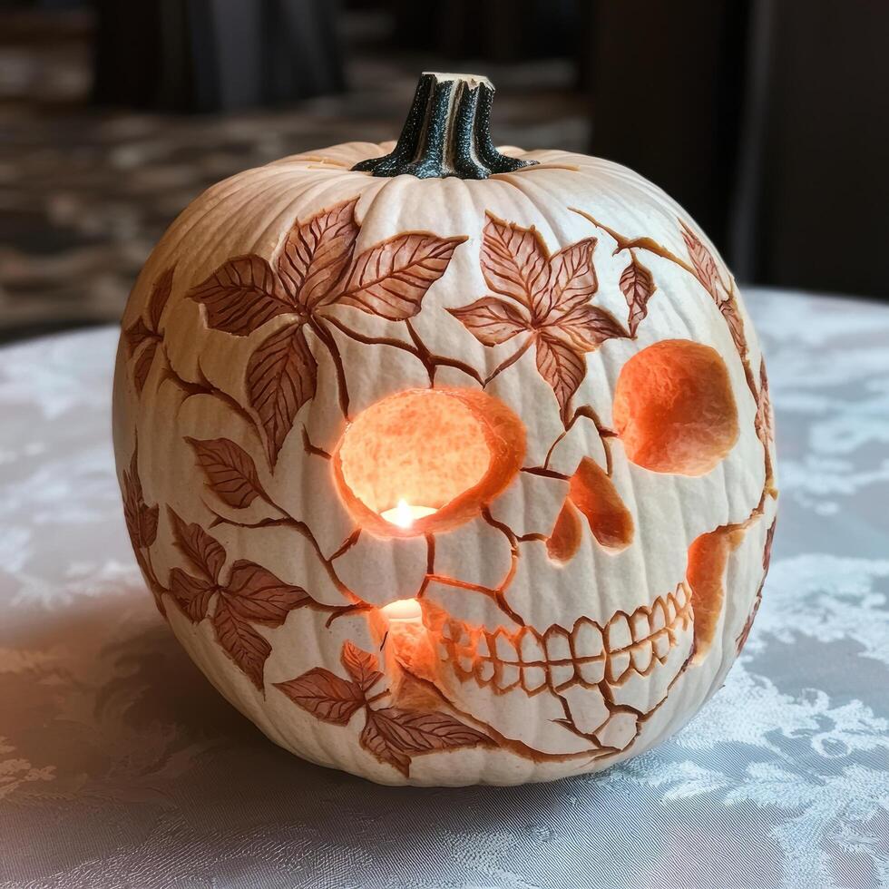 Carved pumpkin with autumn leaf design and glowing interior photo