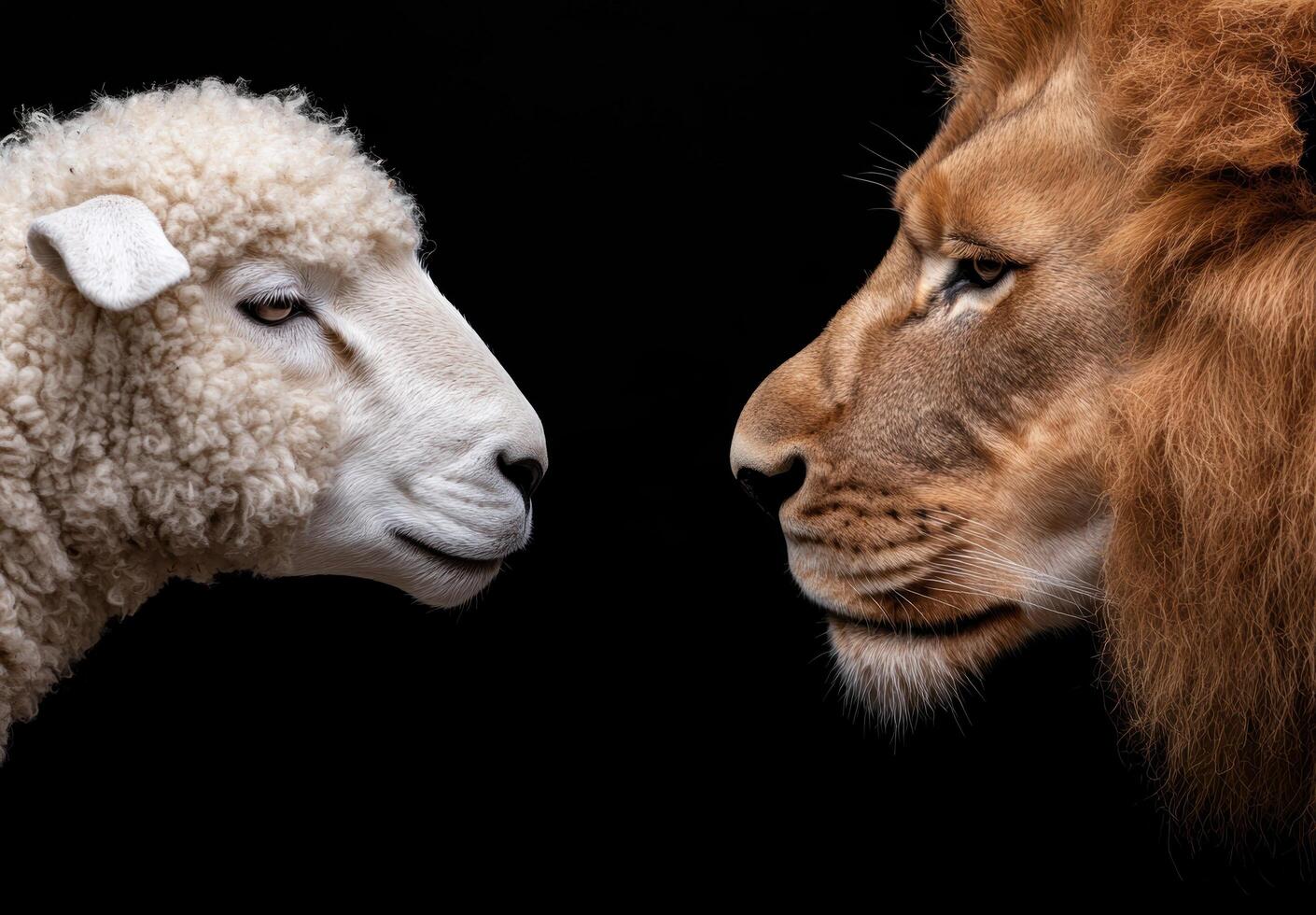 Intense stare between a lion and a sheep photo