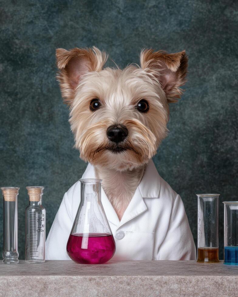 Adorable dog scientist in lab coat photo
