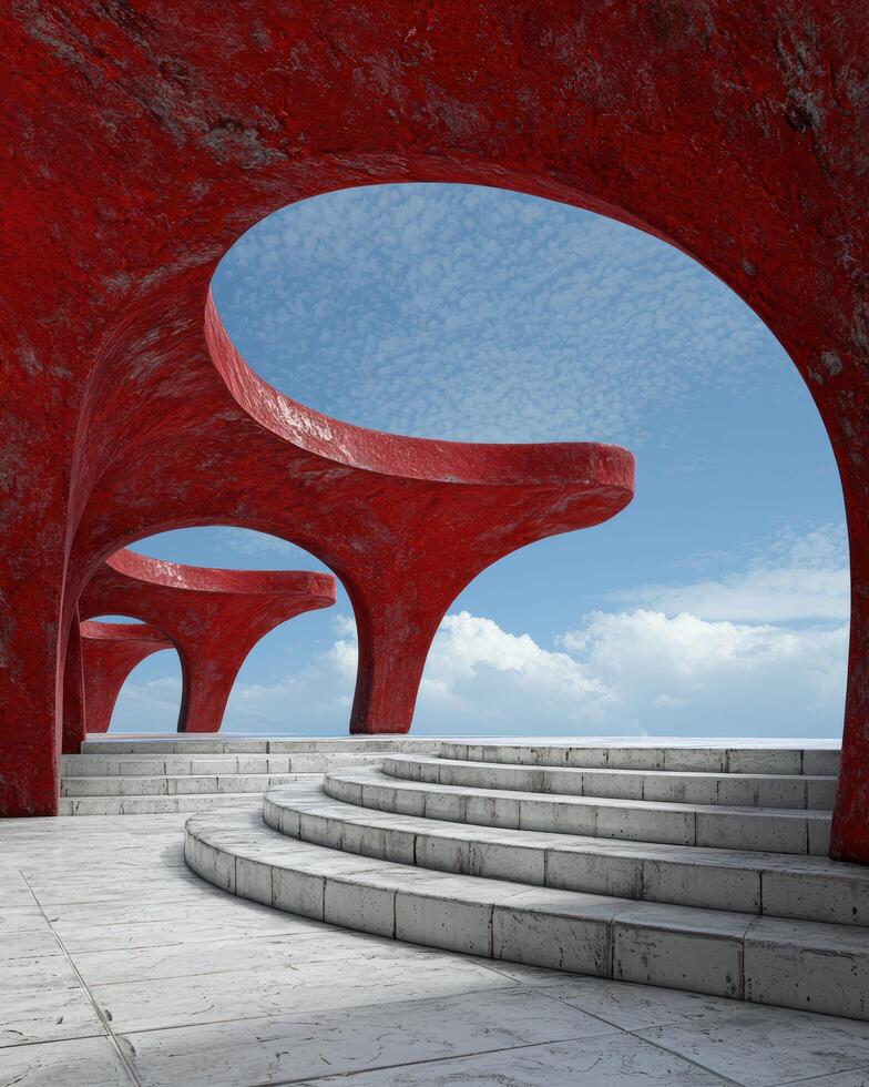 Architectural abstract with red concrete arches and steps photo