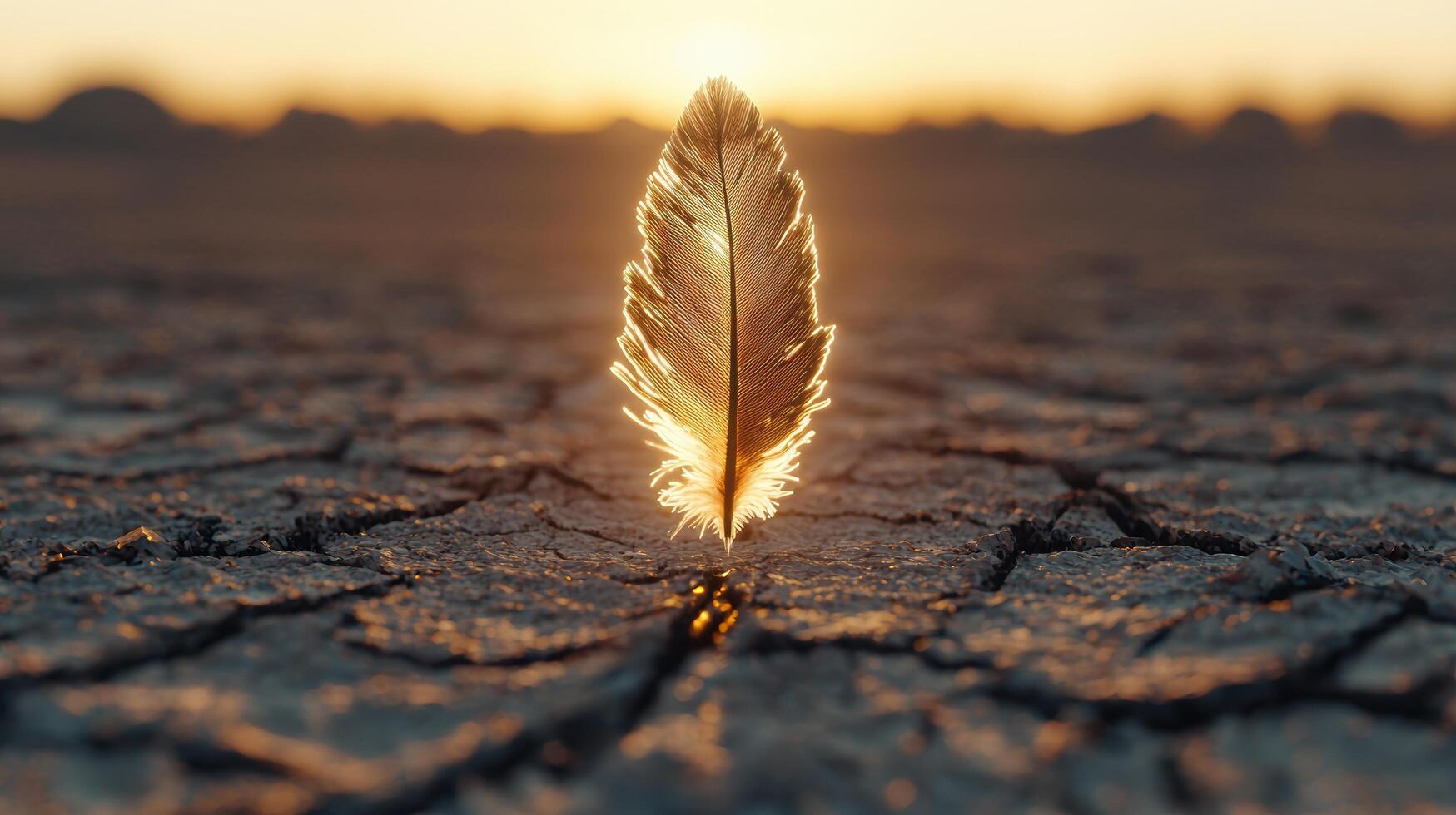 A feather is sitting on the ground in a dry field photo