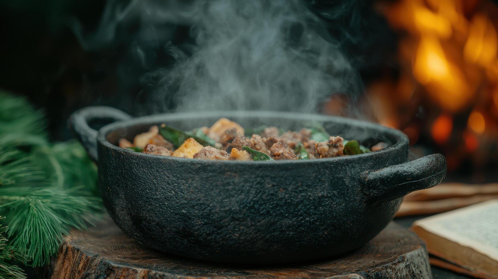 A pot of food with meat and vegetables on a table photo