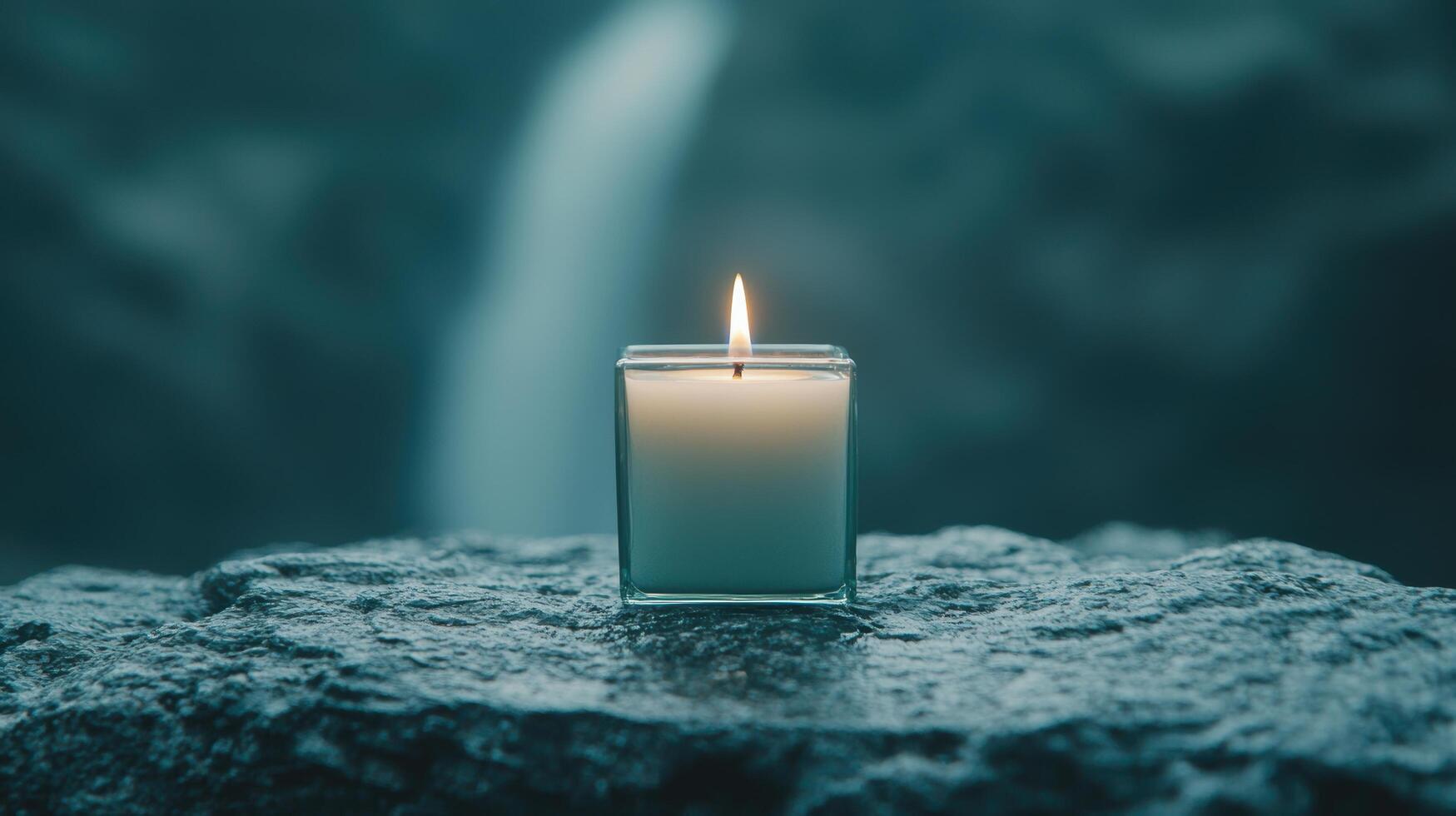 A candle is lit on a rock in front of a waterfall photo