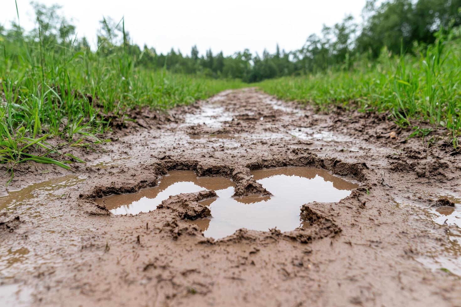 A muddy road with two puddles in the middle photo