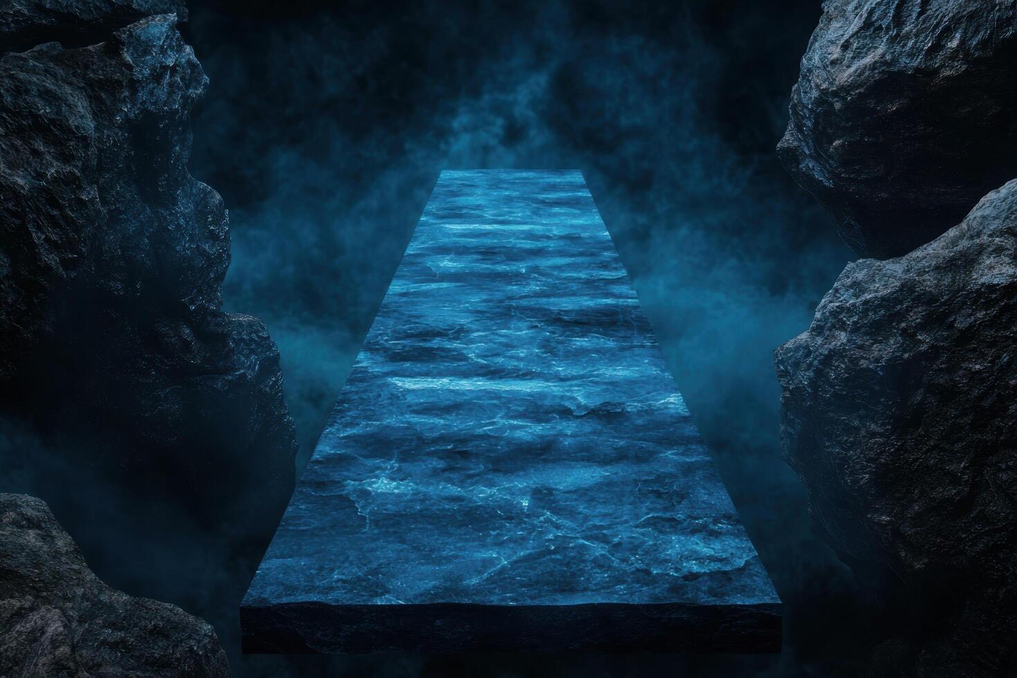 A path leading to a dark cave with blue water photo
