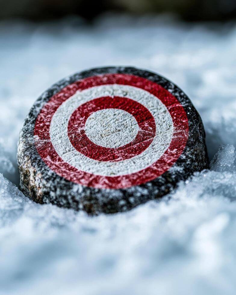 A red and white target on top of a snow covered rock photo