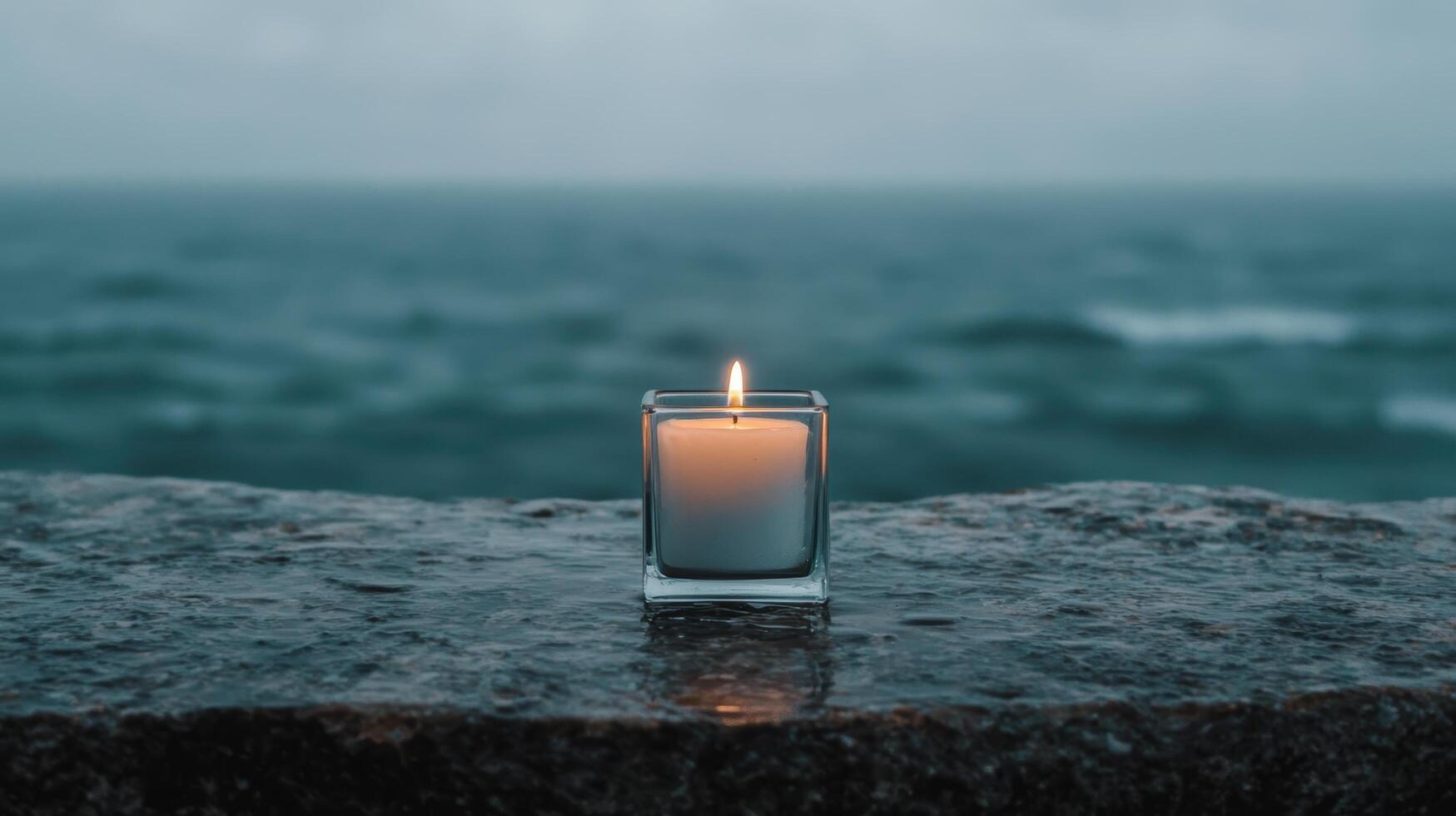 A candle is sitting on a rock near the ocean photo