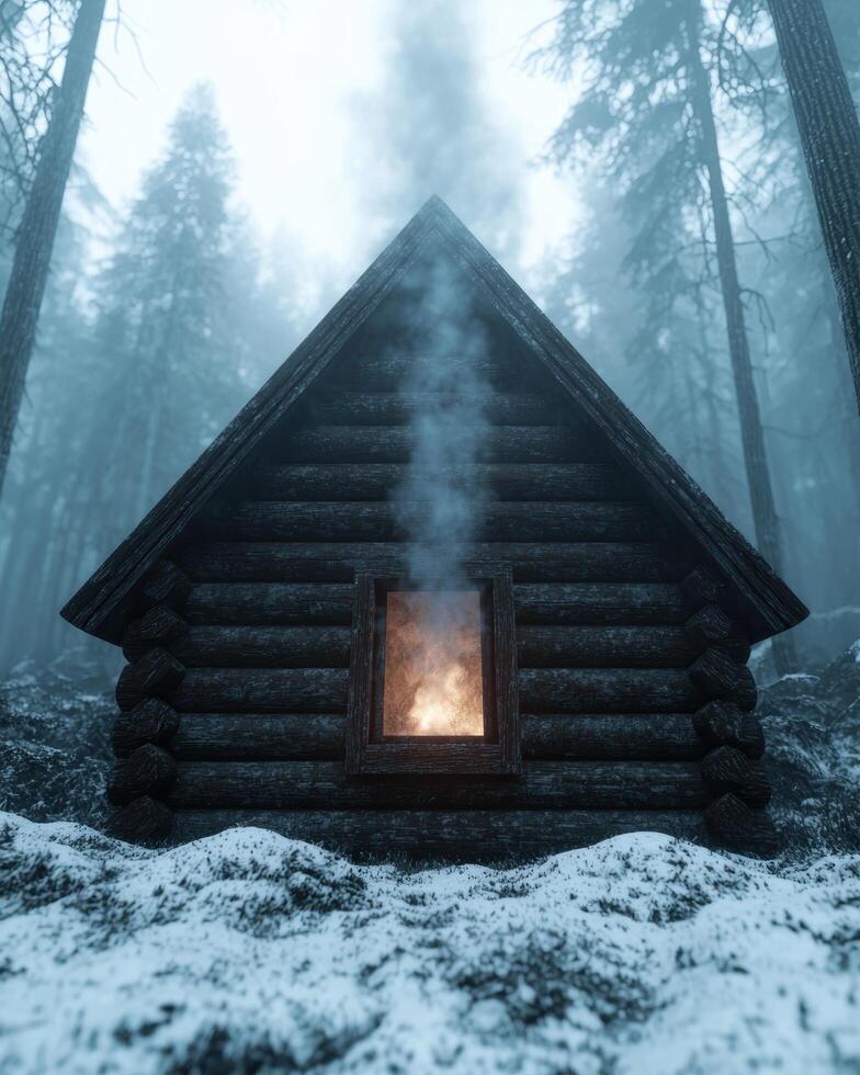 A log cabin in the woods with smoke coming out of the window photo