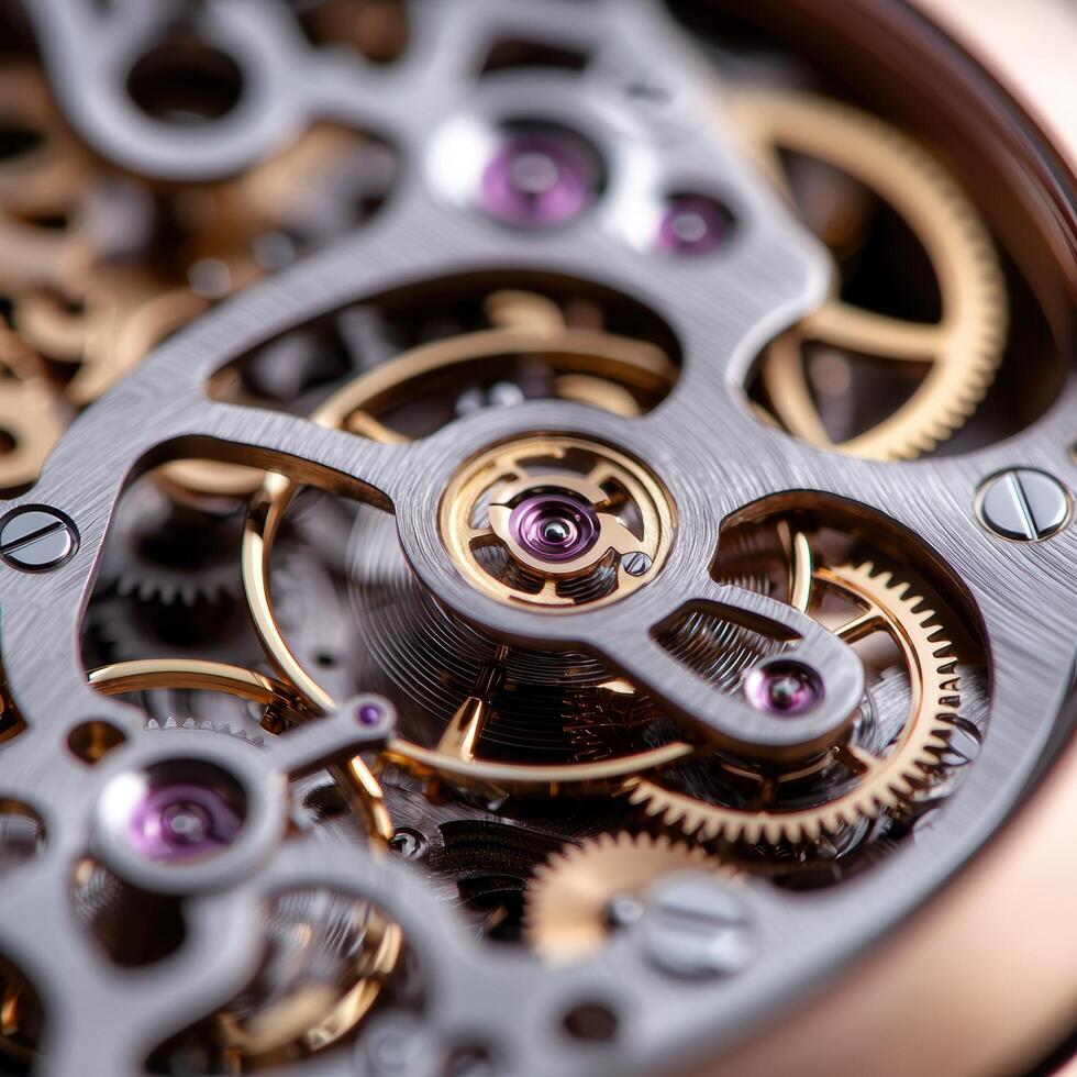 Intricate watch mechanism close up photo