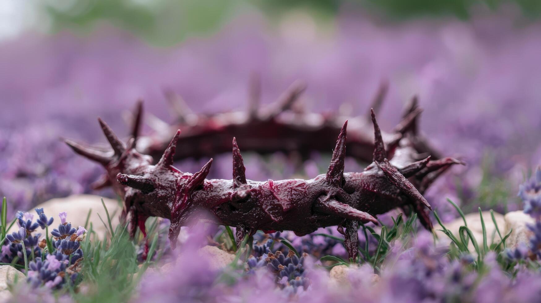 A crown of thorns is sitting on top of purple flowers photo